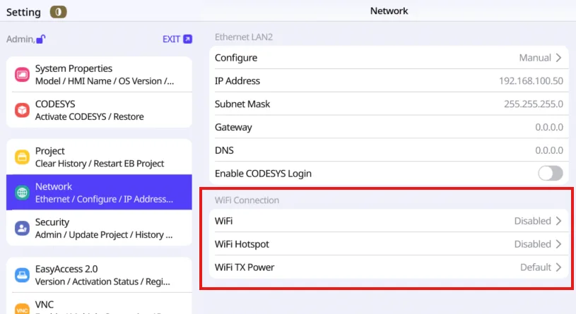 Wi-Fi Connection Settings While in the HMI System Setting menu, navigate to the Wi-Fi Connection Settings area