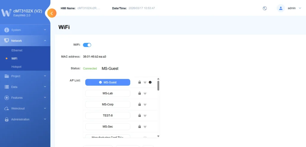 Connecting to an Access Point Configuring WiFi from a development PC browser. Successful connection to the MS-Guest Access Point is shown in this image.