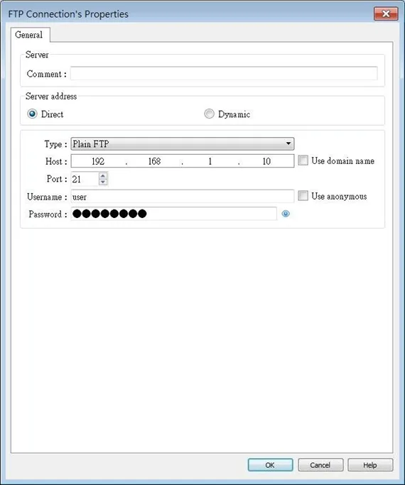 EBPro FTP Connection, General Tab EBPro FTP Connection Object, General Tab. This tab is where the FTP connection is configured.