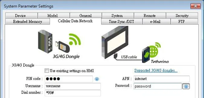 EBPro System Parameters, Cellular Data Network tab. EBPro System Parameters, Cellular Data Network tab. This tab is where 3G/4G USB dongles and Tethering is enabled and configured.