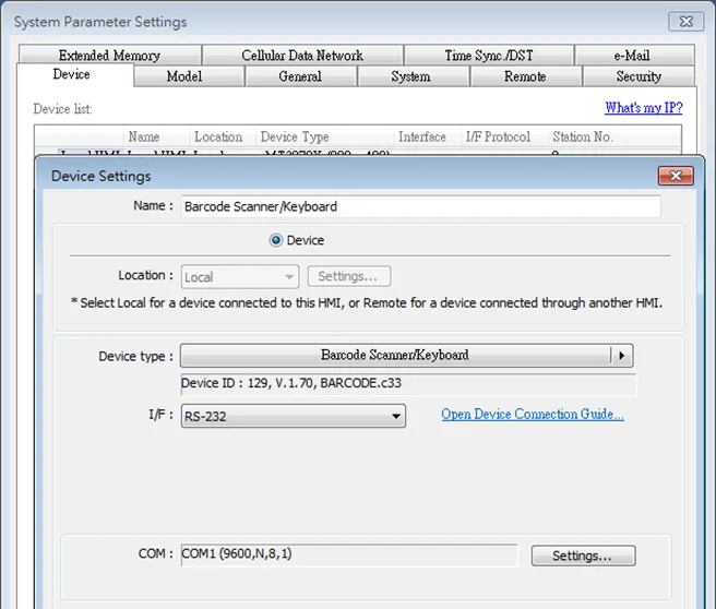 Barcode Scanner / Keyboard shown in the Device tab of EBPro System Parameters menu.  A Barcode Scanner / Keyboard is added the same way as a PLC. .