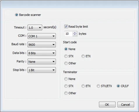 Configuring the settings for the Barcode scanner Device.  The available settings will change depending on the interface selected in the I/F drop down menu.