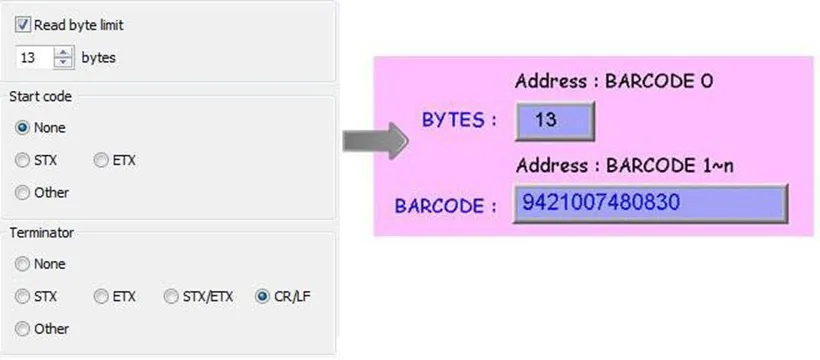 The following is a setting example, the barcode is 9421007480830. BARCODE 0 is the address of Numeric Object (BYTES) and BARCODE 1 ~ n is the address of ASCII object (BARCODE).