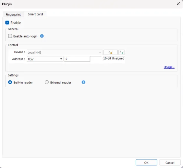 RFID Config page for built-in RFID equipped HMIs RFID Configuration page in System Parameters when a unit with built-in RFID operation is selected in the Project. Note the two radio buttons in the Settings section: Built-in reader or external reader