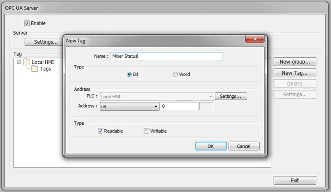 OPC UA New tag New Tag creation allows for a new address to add to the OPC UA Server