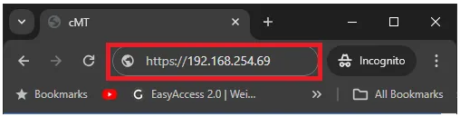 Input the IP address into the web browser address bar HMI IP address being input into a new web browser window. The IP address is input in the address bar