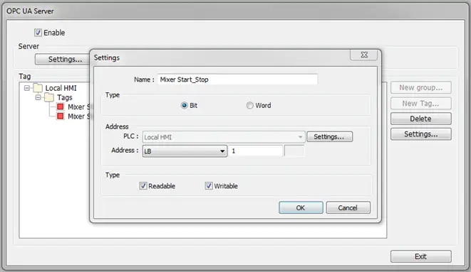 OPC UA New tag New bit level tag allows for configuration as both readable and writable, or one of read/write.