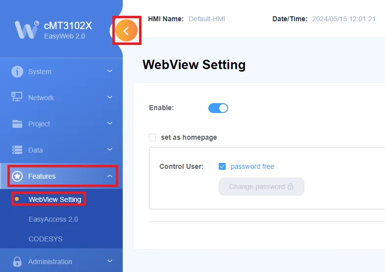 WebView Settings window WebView Setting screen from the Features tab on the left. This is where WebView is enabled or disabled. You can also set WebView as the homepage.
