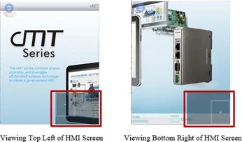 Navigation tool when screen resolutions of project and device do not match n cases where the HMI screen does not fit in the browser window a navigation tool is available in the bottom right (by default) of the browser window. This allows selecting a sub-section of the screen that is visible on the device. To move the viewport, simply drag the square around to select the section of the screen to view.