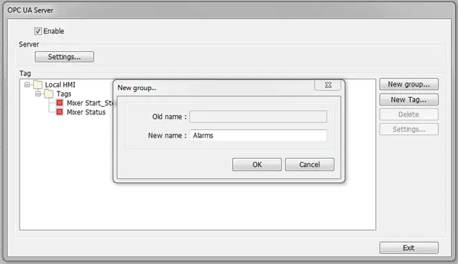 OPC UA New Group: Alarms Creating a new Group called "Alarms" under the Local HMI folder.
