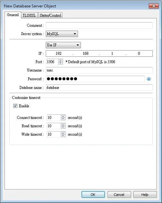 EBPro Database Server Object, general tab. This is where the server is chosen as well as the server connection parameters are configured