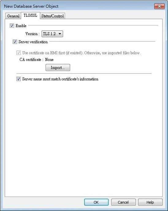 EBPro Database Server Object, TLS/SSL Tab. This is where encryption and certificates are configured.