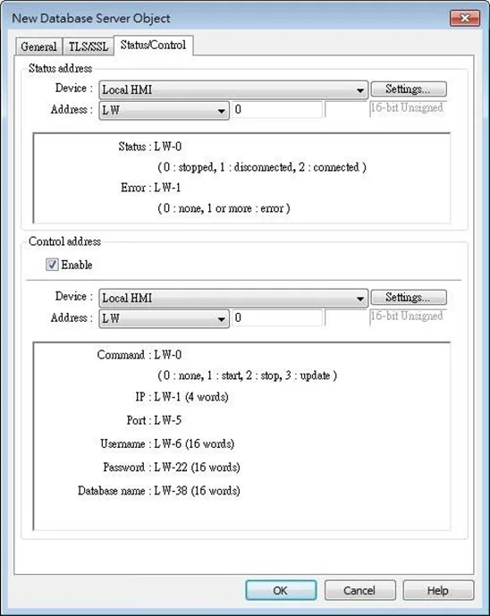 Database Server Object, Status/Control tab. This tab is where the status and control addresses (control address is optional) are defined.