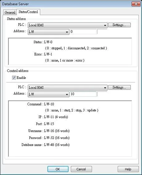 In this example we are creating a database server object, and using the control address of LW-10, with LW-0 being the status address.