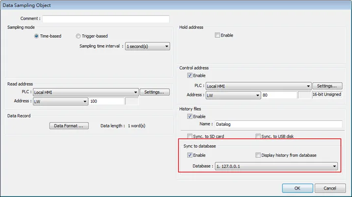 Creating a Data Sampling object that has the 'sync to database' option enabled.  The database object is selected in the drop-down menu.  