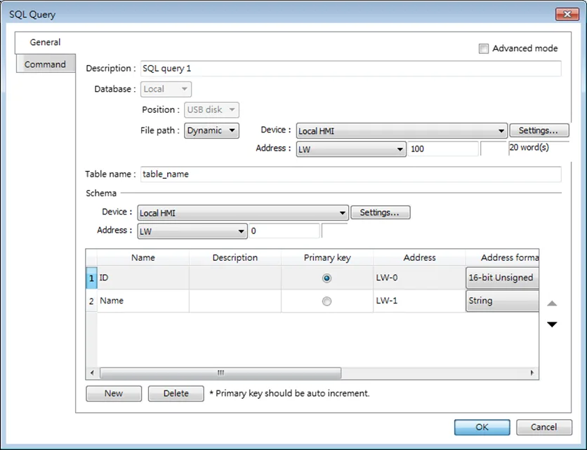 SQL Query Object, General tab.  To crate an SQL Query Object, a Database Server Object must first be configured.