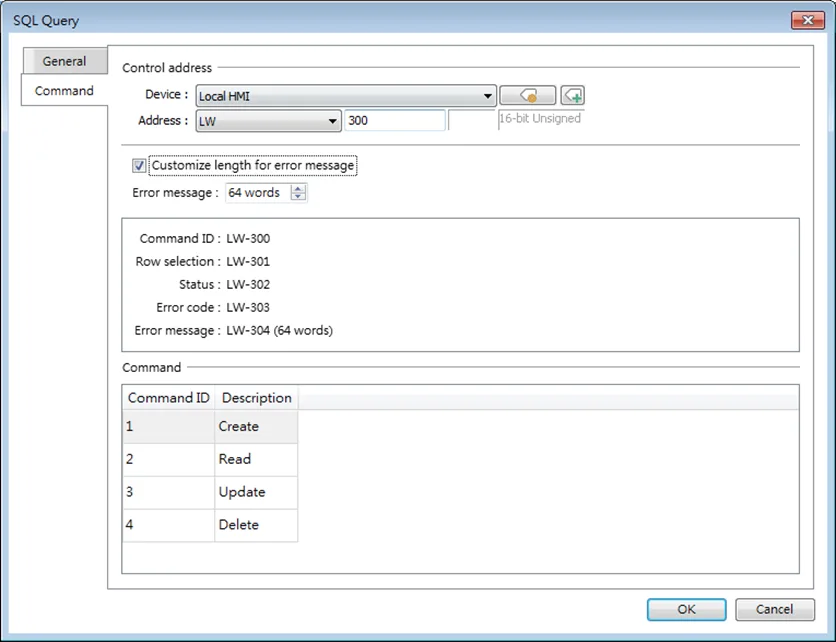 SQL Query Object, Command tab.  This tab is where you configure the control addresses (five consecutive registers) to execute commands and show results.  Advanced mode in the General tab is NOT selected