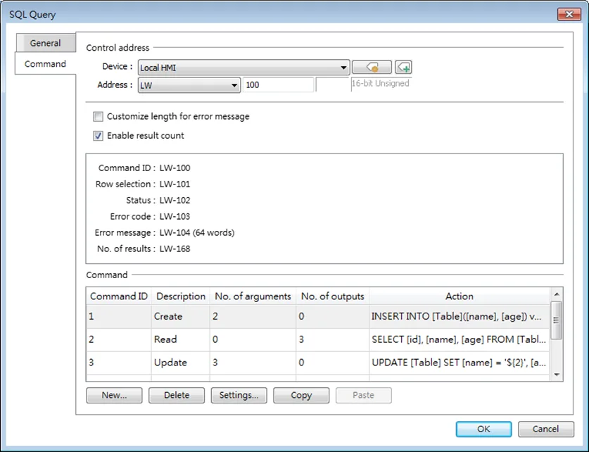 SQL Query Object, Command tab. This tab is where you configure the control addresses (five consecutive registers) to execute commands and show results. Advanced mode in the General tab IS selected, giving more config options