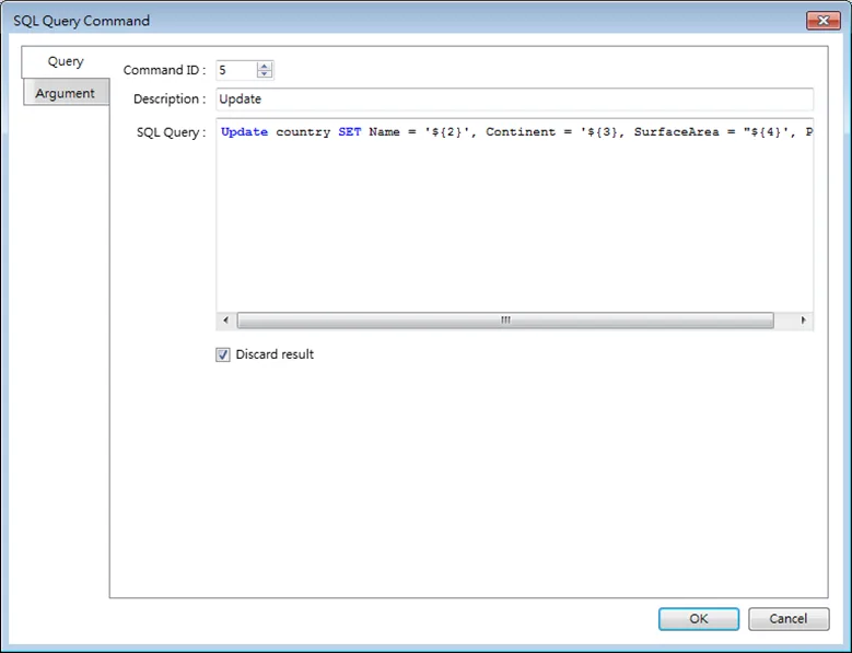 SQL Query Command dialog, Query tab. This dialog pops up when selecting 'New' in the Advanced Mode Command tab
