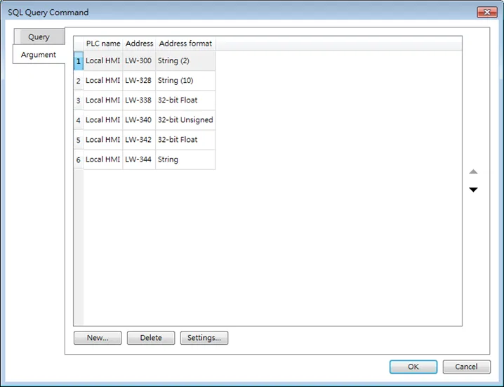 SQL Query Command dialog, Argument tab.  This dialog pops up when selecting 'New' in the  Advanced Mode Command tab.