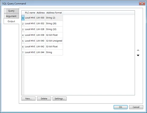 Output tab with [multiple results] not selected: query results will be sequentially stored at the specified addresses.