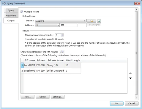 Output tab with [multiple results] selected: the query results will be output in bulk to a series of consecutive addresses.