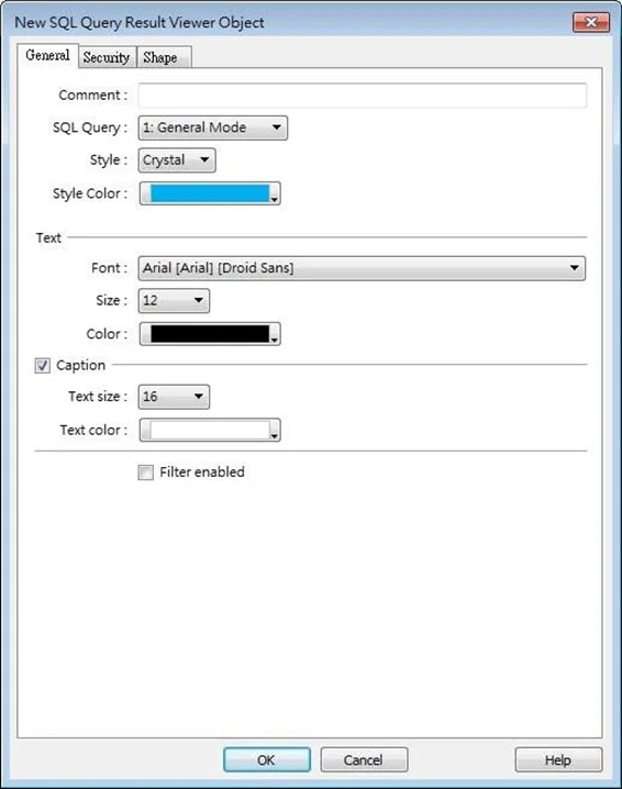SQL Query Result Viewer Object.  This object shows the results that are obtained by running the SQL Query operation.  Simply configure the parameters and click OK; an SQL Query Result Viewer Object will be created on the active EasyBuilder Pro project window.