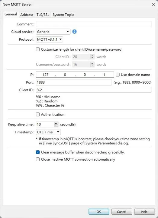 MQTT Server Object, General tab MQTT Server Object, general tab. This is where the MQTT protocol and associated settings are configured.