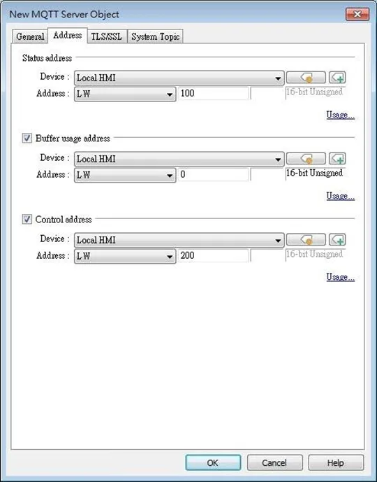 MQTT Server Object, Address tab EBPro MQTT Server, Address tab. This tab is where the status address is configured, and optionally the buffer and control addresses are assigned here as well.