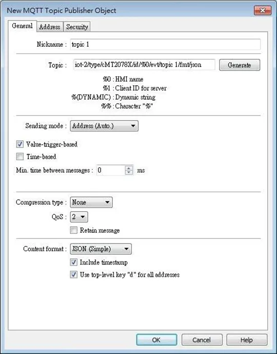 MQTT Toc Publisher, General Tab EBPRo MQTT Topic Publisher Object, General tab. This is where the MQTT Topics, format and content are configured.