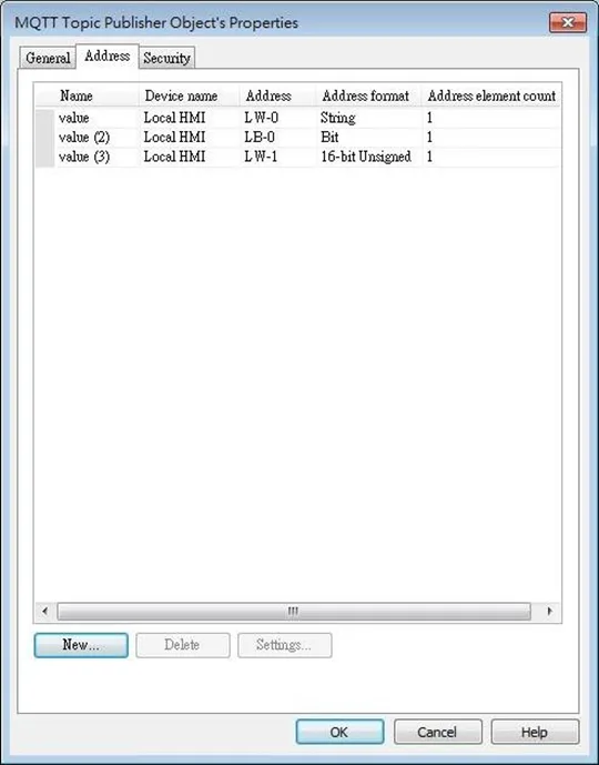 image EBPro MQTT Topic Publisher Object, Address tab. This tab is where the topic addresses and formats are configured.