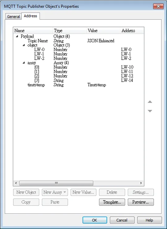 JSON Advanced MQTT Topic Publisher Object, Address tab MQTT Topic Publisher Object, Address Tab (JSON Advanced). This tab is a nested format that allows using objects or arrays, and customizing timestamp and data name.
