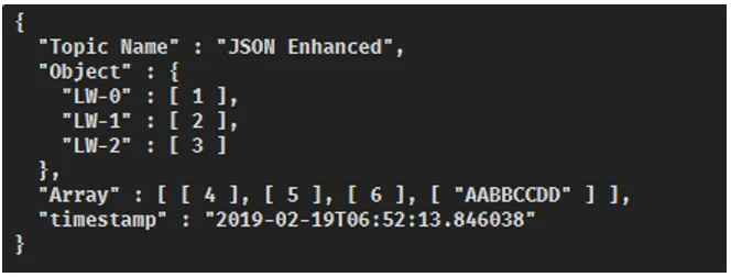 JSON Enhanced topic example Screenshot of the JSON Enhanced Topic name showing the array and timestamp of data.