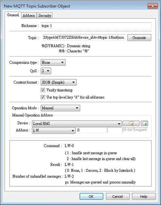 MQTT Topic Subscriber Object, general tab EBPRo MQTT Topic Subscriber Object, General tab. This is where the MQTT Topics, format and content are configured.