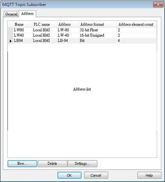 MQTT Topic subscriber, Address tab MQTT Topic subscriber, Address Tab. This is where the addresses of the topics are configured.