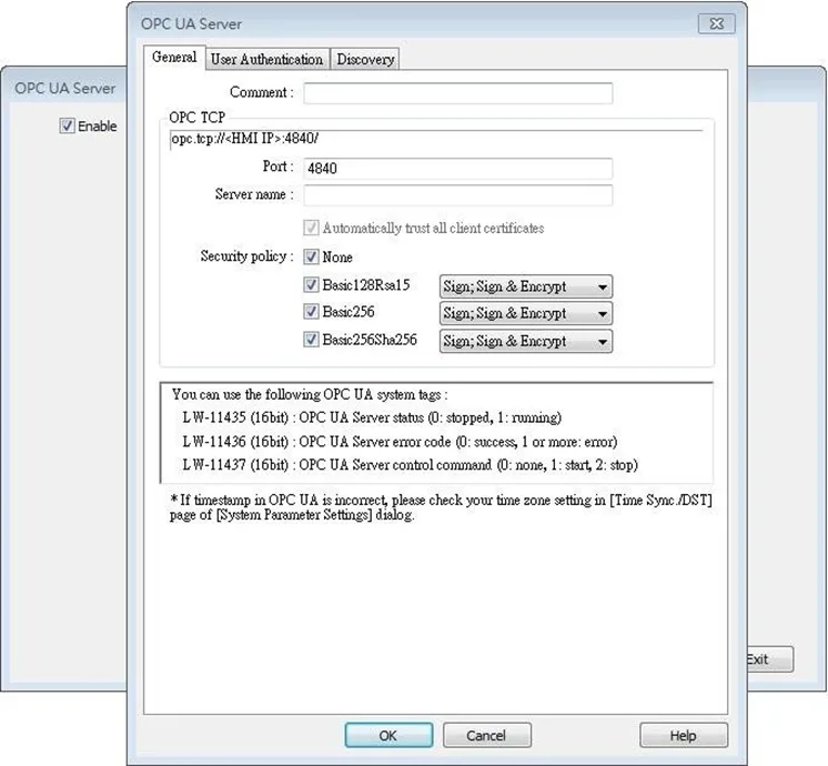 General Tab of OPC UA Server Object.  This is where the TCP port and Security Policies are configured.