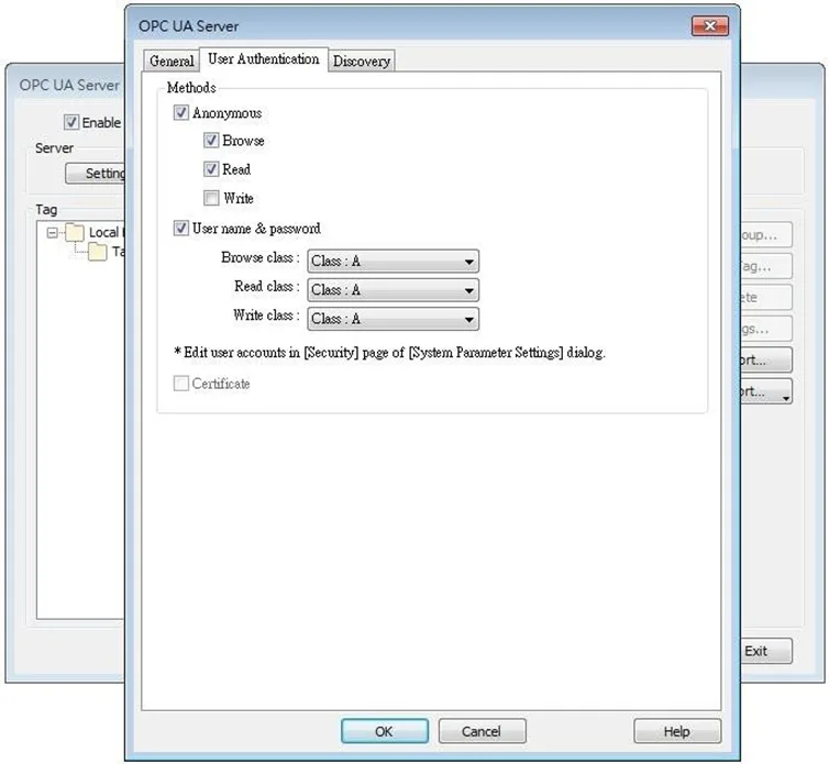 OPC UA Server Object, User Authentication tab.  This is where the browsing methods and user credential levels are configured.  The actual user accounts are managed in the Security tab of the System Parameters Menu.