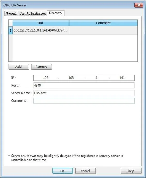 OPC UA Server Object, Discovery Tab. This tab , when configured, allows an OPC UA Server to register to the LDS (local delivery server).