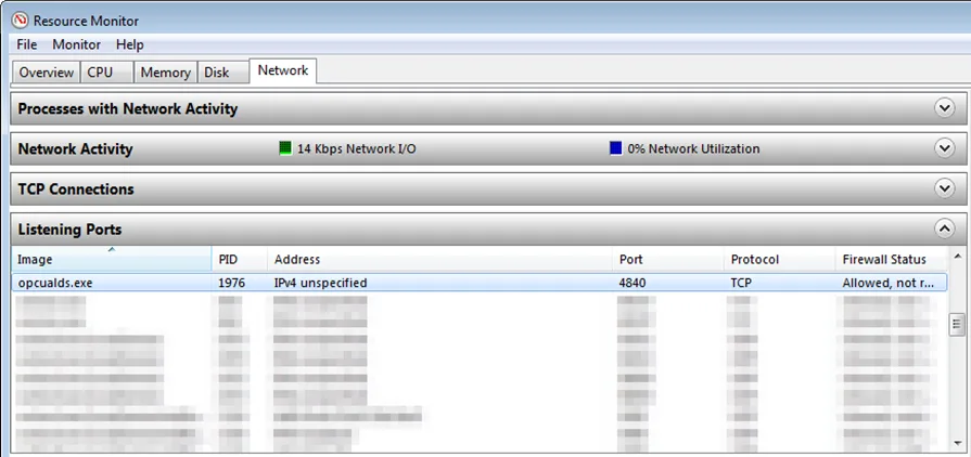 Troubleshooting Discovery not working properly:  Finding the PC port used by opcualds.exe program.