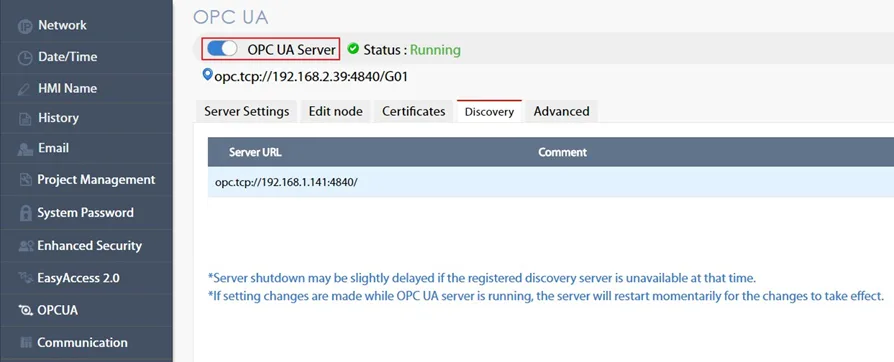 Matching the port number of the PC's opcualds program with the Settings page on HMI.  