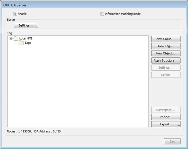 OPC UA Server, Tag section. This section is where tags and groups can be created, as well as imported and exported.