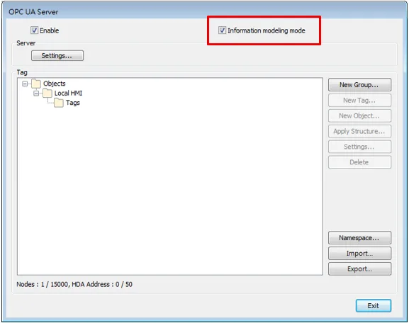 OPC UA Server dialog, with the "information modeling mode" option selected.  