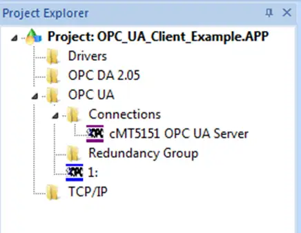 cMT3151 shows as a Connection Project Explorer Window, Project Tree shows our cMT3151 OPC UA Server in the Connections subfolder.