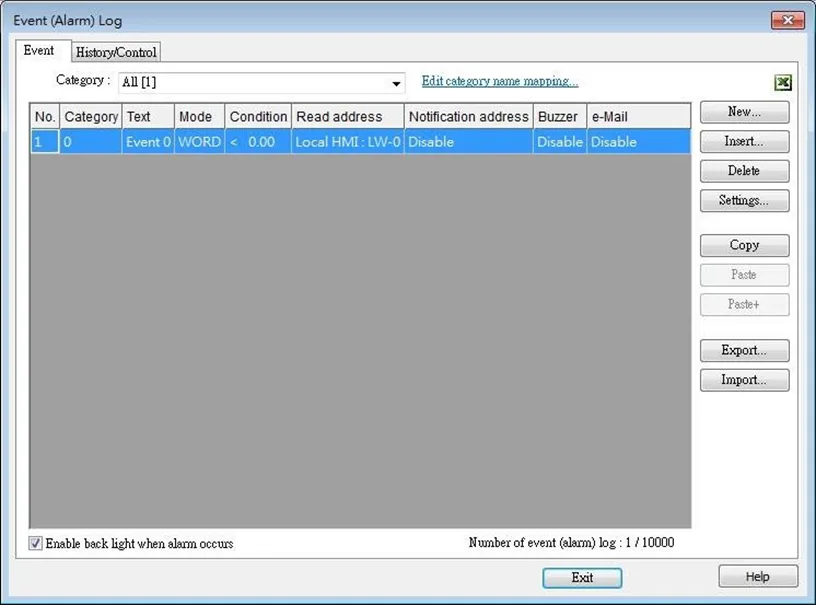 Event Alarm Log EBPro Event (Alarm) Log dialog box, accessed from the Data/History Toolbar