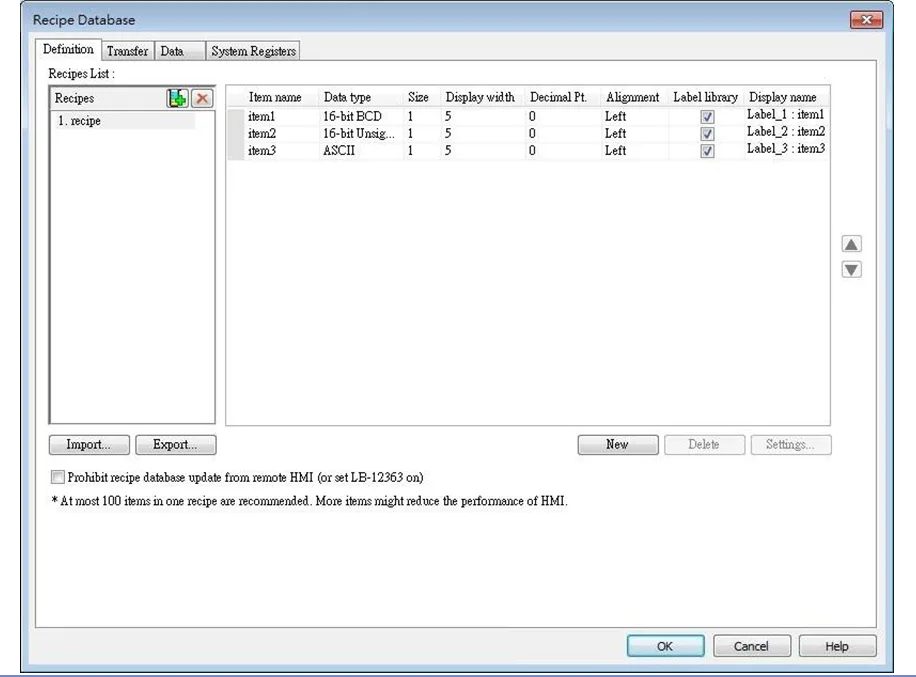 EBPro Recipe Database, Definition tab EBPro Recipe Database, Definition Tab. The Recipe Database is accessed via the "Data/History" toolbar. The Deinition tab is where the recipes themselves are collated within the database.