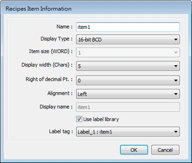 EBPro Recipes Item Information dialog window EBPro Recipe Item Information dialog. This is where the recipe name and settings of the recipe are configured.
