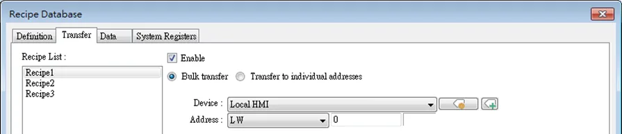 EBPro recipe Database, Transfer tab EBPro Recipe Database, Transfer tab. This tab contains the settings for transferring records between the recipe database and designated destinations.