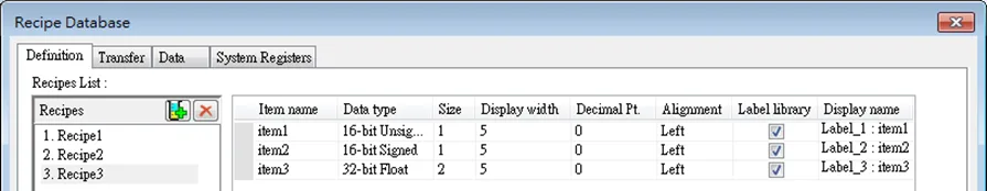 Definitions tab, EBPro Recipe Database EBPro Recipe Database, Definitions tab showing recipe 3 selected.