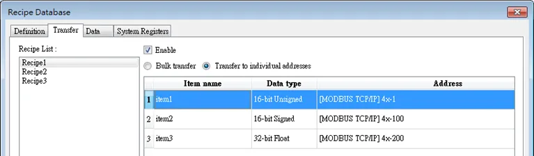Transfer tab, EBPro Recipe Database, "transfer to individual addresses" option enabled EBPro Recipe Database, transfer tab, with the "transfer to individual addresses" option enabled. The transfer destination of each item within the recipe record is configured individually with this method.
