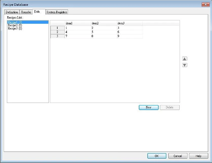 EBPro Recipe Database, Data tab EBPro Recipe Database object, Data tab. This tab is where the data of the recipe content can be edited.